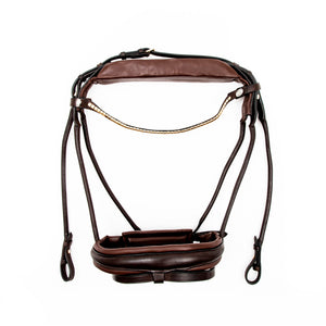 Finesse Snaffle Bridle Brown on Brown with Gold Browband Cob